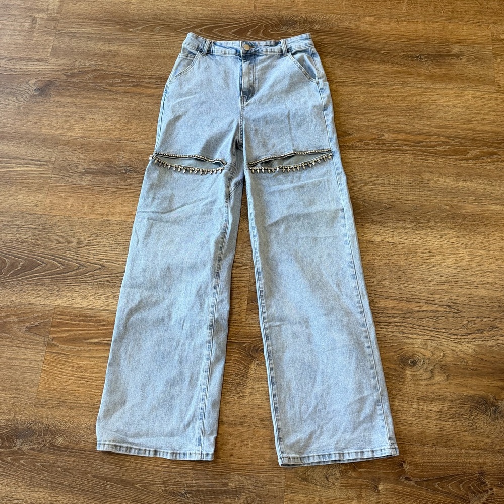 NanaMacs Light Blue Straight Leg Jeans with Chain Detail